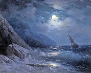 Moonlit landscape with a ship