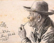 Этюд пожилого мужчины в шляпе с трубкой