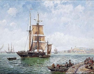 A trading brig drifting into a Continental harbour