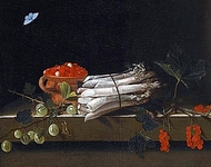 Адриан Коорт - Чаша с земляникой, пучок спаржи, веточки крыжовника и красной смородины на каменной столешнице