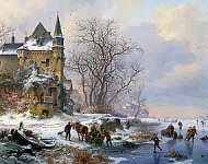 Зимний пейзаж с лошадьми и телегой 