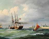 Морская живопись на Кронборг с многочисленными кораблями и лоцманского катера