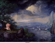 Bol, Hans - Фантастический пейзаж с Иоанном Богословом на острове Патмос, 1564, 50,5 cm x 85,5 cm, Холст, акварель