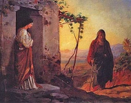 Мария, сестра Лазаря, встречает Иисуса Христа, идущего к ним..