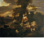 Does, Simon van der - Пастушка с овцами, 1711, 60 cm x 70 cm, Холст, масло