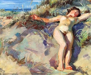 Молодая обнаженная женщина на пляже в Скагене