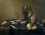 Heda Willem Claesz (Dutch ca) Натюрморт с серебряной посудой и устрицами