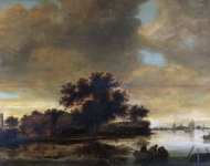 Hulst Frans Anthonisz van der (Dutch ca) Речной пейзаж с лодками и мельницей на берегу
