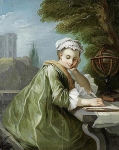 Молодая дама за столом на фоне пейзажа