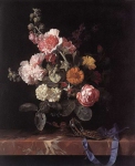 Натюрморт с букетом цветов в стеклянной вазе и карманными часами