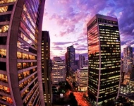 EN CA Downtown Vancouver fisheye perspective of a beautiful sunset