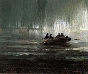 Nordlys over fire menn i robåt