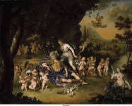 Mieris, Willem van - Армида оплетает цветами спящего Ринальдо, 1709, 66,8 cm x 85,7 cm, Дерево, масло