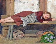 Sleeping Girl on a Wooden Bench