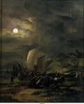 Poel, Egbert Lievensz van der - Пляж с рыбацкими лодками ночью, ок. 1660, 46,2 cm x 37 cm, Дерево, масло