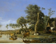 Potter, Paulus - Отражающаяся в воде корова, 1648, 43,4 cm x 61,3 cm, Дерево, масло