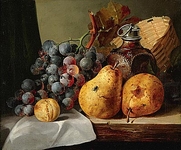 Эдвард Ладелл - Груши, виноград, сливы, керамическая фляга и плетёная корзина на деревянном выступе