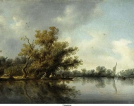 Ruysdael, Salomon van - Берег реки со старыми деревьями, ок. 1630-40, 32,8 cm x 51,3 cm, Дерево, масло