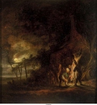 Schalcke, Cornelis Symonsz van der - Туша свиньи на фоне пейзажа, освещённого луной, 1644, 34 cm x 33 cm, Дерево, масло