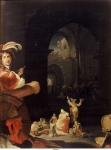 Slabbaert, Karel - Солдаты и другие фигуры среди руин замка, с автопортретом художника на переднем плане, ок. 1650, 50,5 cm x 39 cm, Дерево, масло