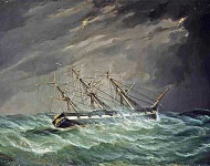 The emigrant ship Carnatic of Boston in a hurricane in the Indian Ocean on a voyage to Calcutta, under the command of Captain John Devereux