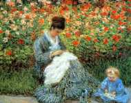 Мадам Моне с ребенком в саду художника в Аржантее