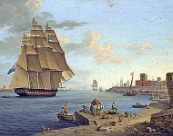 Британский фрегат, покидающий порт Махон, Менорка