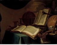 Vermeulen, Jan - Натюрморт с книгами, глобусом и музыкальными инструментами, ок. 1660, 30 cm x 38,5 cm, Дерево, масло