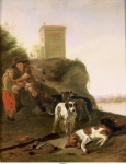 Verschuring, Hendrik - Охотники и собаки на фоне итальянского пейзажа, ок. 1655-60, 41,3 cm x 31,5 cm, Дерево, масло