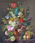 Натюрморт с цветами, виноградом и персиками
