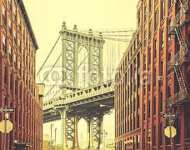 США, Нью-Йорк. Retro stylized Manhattan Bridge seen from Dumbo