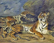 Молодой тигр играет со своей матерью