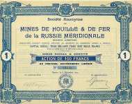 Акции Общества Mines de Houille and de Fer de la Russie Meridionale, 1907 г.