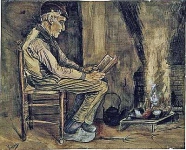 Крестьянин, сидящий и читающий у очага