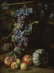 Натюрморт с гроздями винограда, свисающими с лозы, гранатами, персиками, дыней и саламандрой в ландшафте