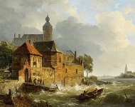 A Rowing Boat in Stormy Seas near a City