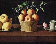 Тарелка с лимонами, корзина с апельсинами и роза на блюдце