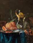Натюрморт с апельсинами, виноградом, вином, элем, крабами и устрицами на оловянной тарелке на столе, покрытом синей тканью,
