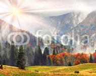 Карпатская панорама с солнцем и туманом