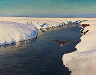 Юлиан Фалат - Зимний пейзаж с рекой и птицей