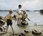 Мальчики играют на берегу