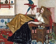 Лежащая женщина с попугаем