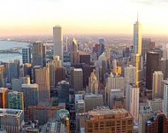 США, Чикаго. Aerial Chicago panorama at sunset