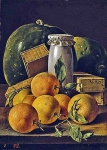 Натюрморт с апельсинами, коробками конфет и арбузами