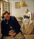 Hendriks Wybrand - Интерьер со спящим мужчиной и женщиной штопающей чулок