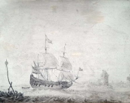 Mooy Cornelis Pietersz de - Вид на реку с кораблями на спокойной воде