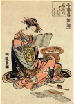 Куртизанка Nanakoshi of Ogiya читает рядом с жаровней