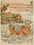 Тигрица с тигрёнком плываёт через реку