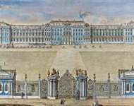 Вид Екатерининского дворца в Царском Селе со стороны парадного двора и циркумференций