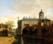 Вид канала и ратуши в Амстердаме